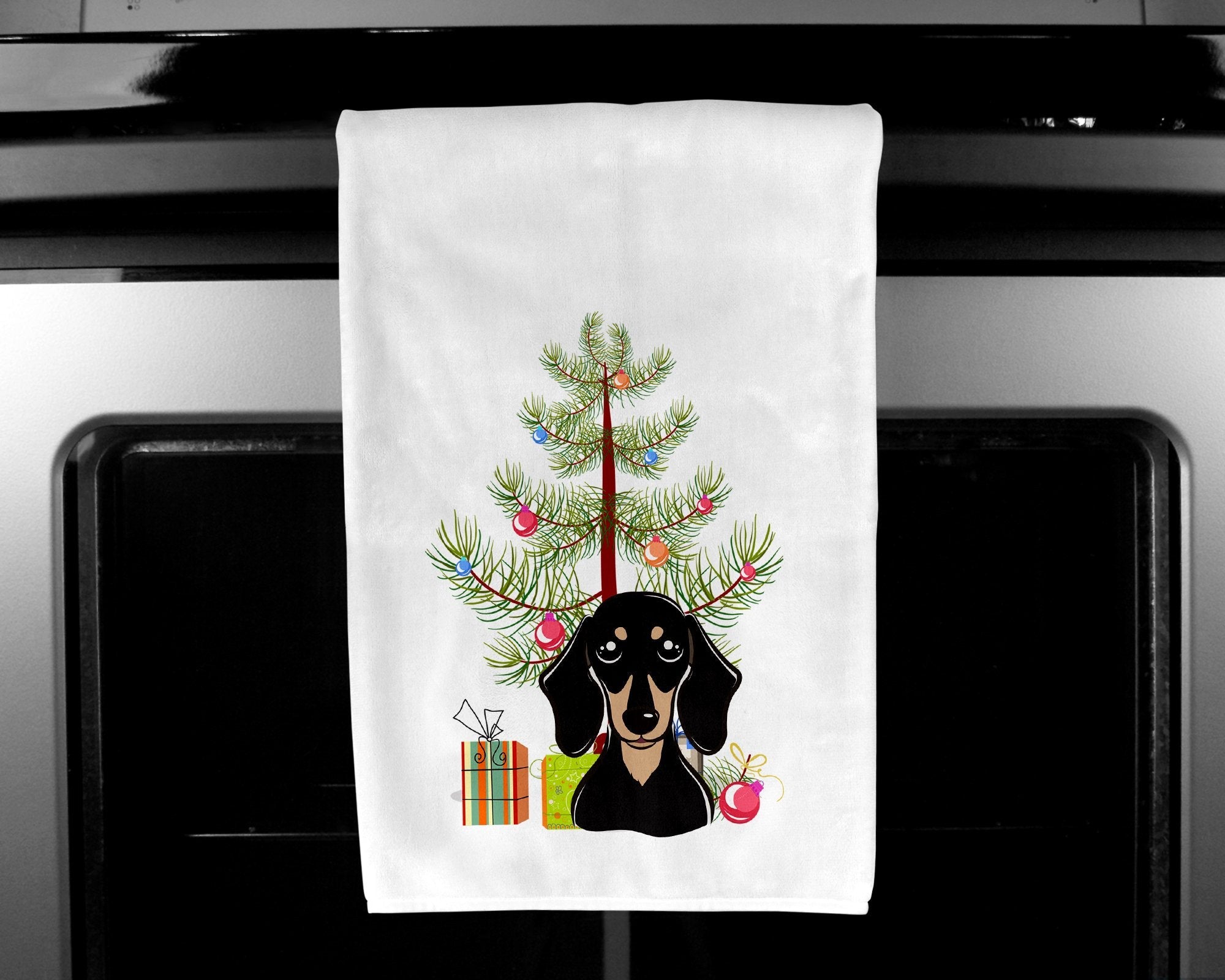Christmas Tree and Smooth Black and Tan Dachshund Kitchen Towel Set of 2 White Dish Towels Decorative Bathroom Hand towel for Hand, Face, Hair, Yoga, Tea, Dishcloth, 19 X 28", White
