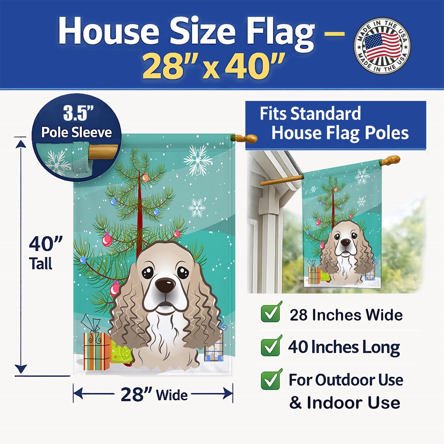 Christmas Tree and Cocker Spaniel House Flag 28x40 Porch Sleeve Pole Decorative Outside Yard Banner Artwork Wall Hanging, Polyester