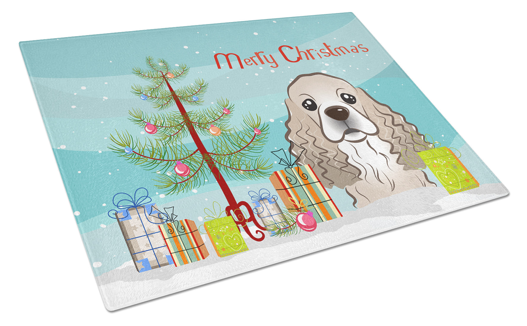 Christmas Tree and Cocker Spaniel Cutting Board Tempered Glass Kitchen Cutting Surface, Heat Resistant Chopping, Non-Slip Feet, Food Prep & Serving