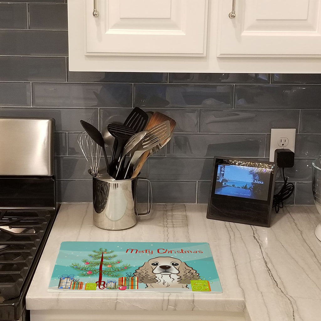 Christmas Tree and Cocker Spaniel Cutting Board Tempered Glass Kitchen Cutting Surface, Heat Resistant Chopping, Non-Slip Feet, Food Prep & Serving