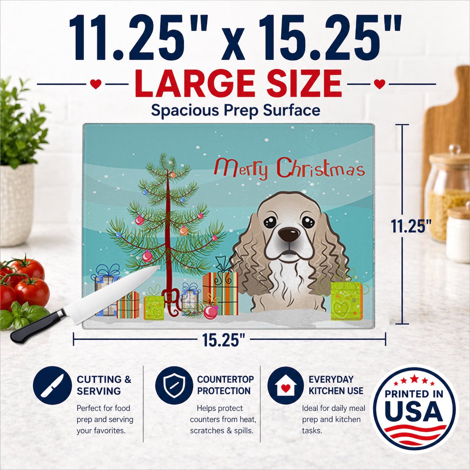 Christmas Tree and Cocker Spaniel Cutting Board Tempered Glass Kitchen Cutting Surface, Heat Resistant Chopping, Non-Slip Feet, Food Prep & Serving
