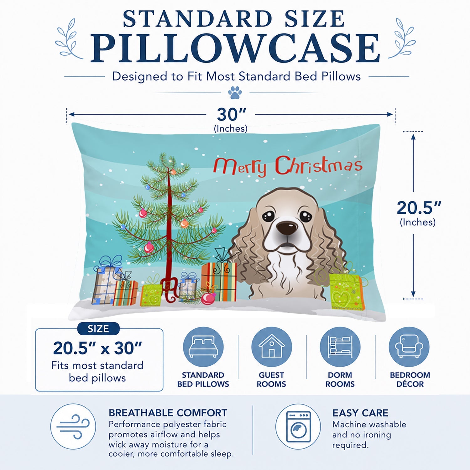 Christmas Tree and Cocker Spaniel Standard Pillowcase Lightweight Super Soft Easy Care Decorative Artwork Pillowcase, Standard