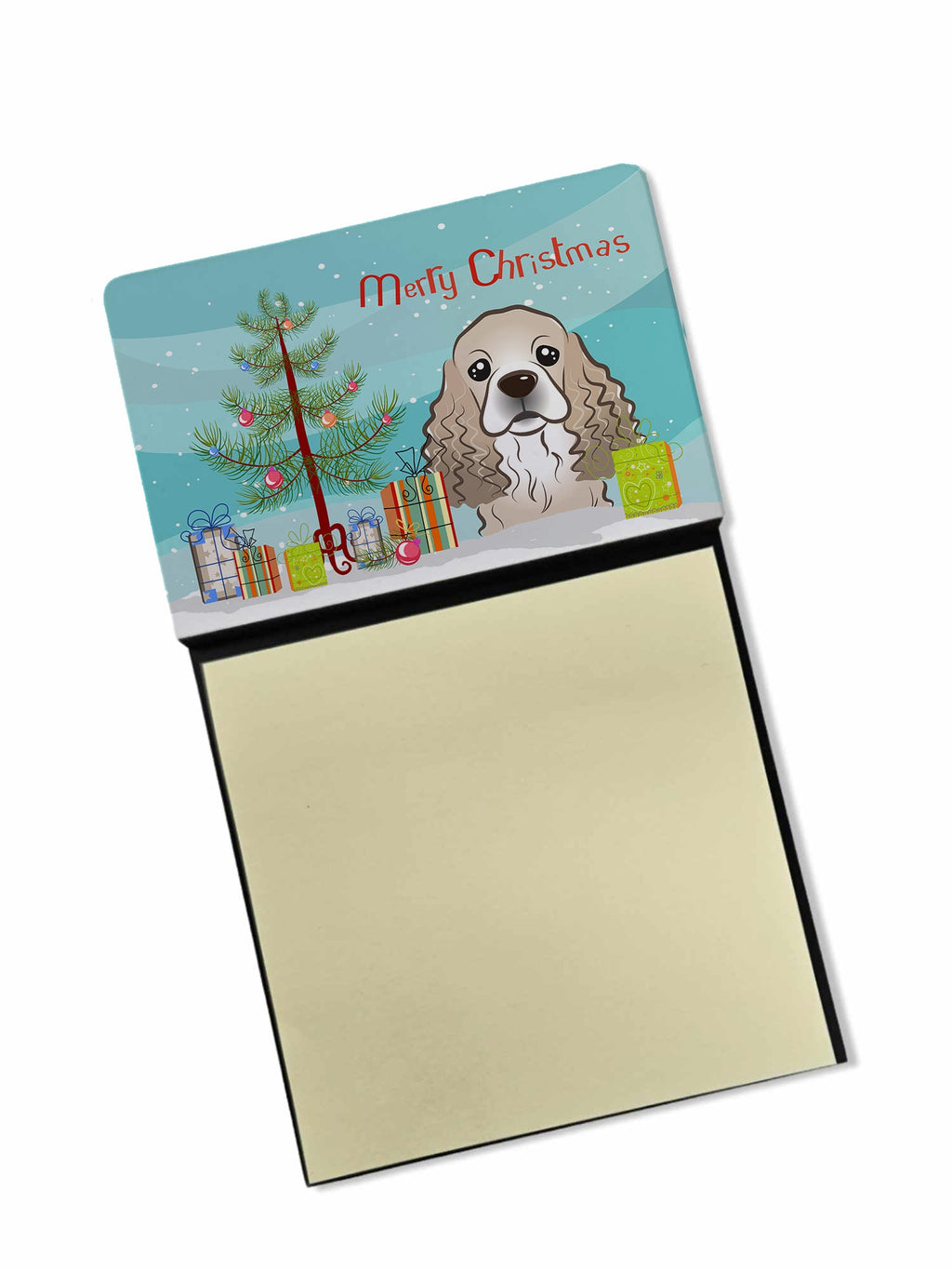 Christmas Tree and Cocker Spaniel Watercolor Sticky Note Holder Refillable Dispenser Desk Accessory 3x3 Pad Gift
