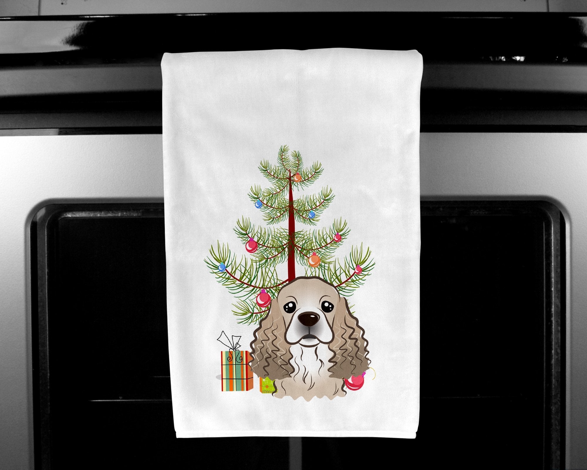 Christmas Tree and Cocker Spaniel Kitchen Towel Set of 2 White Dish Towels Decorative Bathroom Hand towel for Hand, Face, Hair, Yoga, Tea, Dishcloth, 19 X 28", White