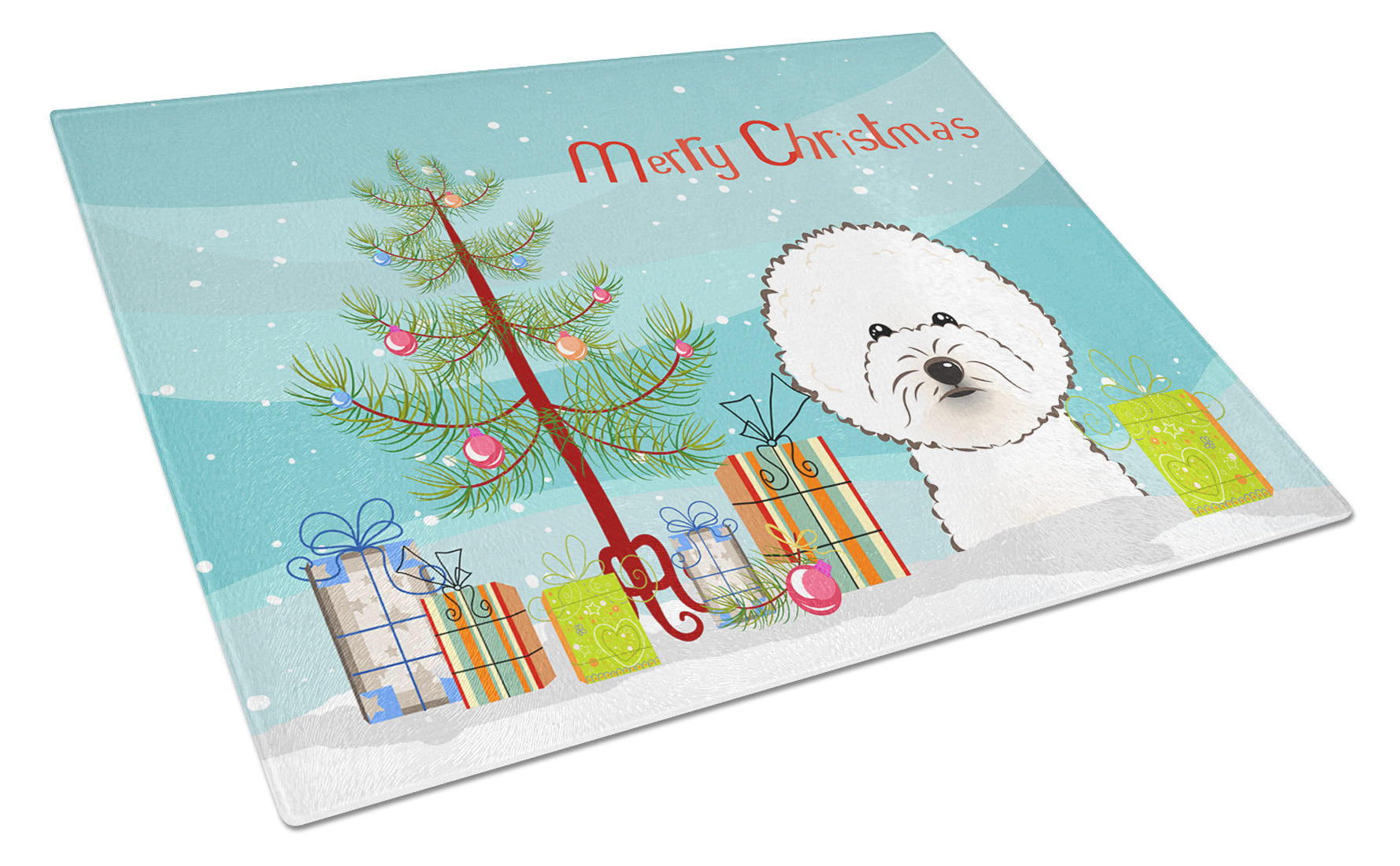 Christmas Tree and Bichon Frise Cutting Board Tempered Glass Kitchen Cutting Surface, Heat Resistant Chopping, Non-Slip Feet, Food Prep & Serving
