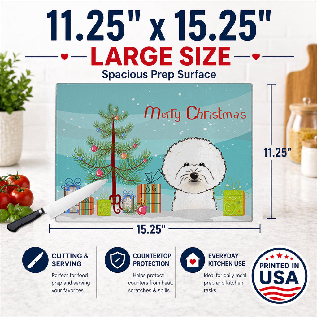 Christmas Tree and Bichon Frise Cutting Board Tempered Glass Kitchen Cutting Surface, Heat Resistant Chopping, Non-Slip Feet, Food Prep & Serving