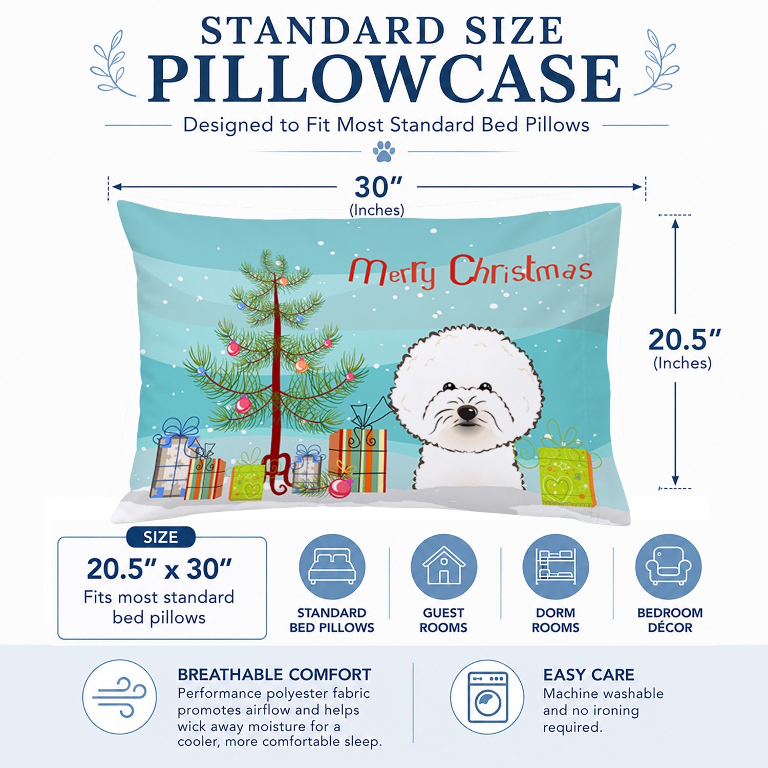 Christmas Tree and Bichon Frise Standard Pillowcase Lightweight Super Soft Easy Care Decorative Artwork Pillowcase, Standard