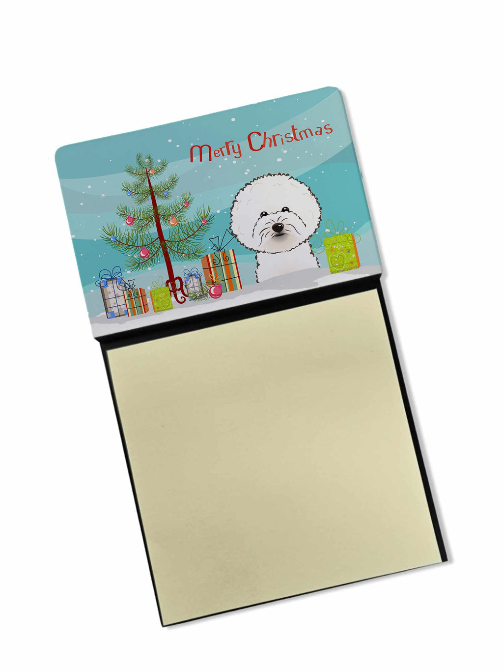 Christmas Tree and Bichon Frise Watercolor Sticky Note Holder Refillable Dispenser Desk Accessory 3x3 Pad Gift