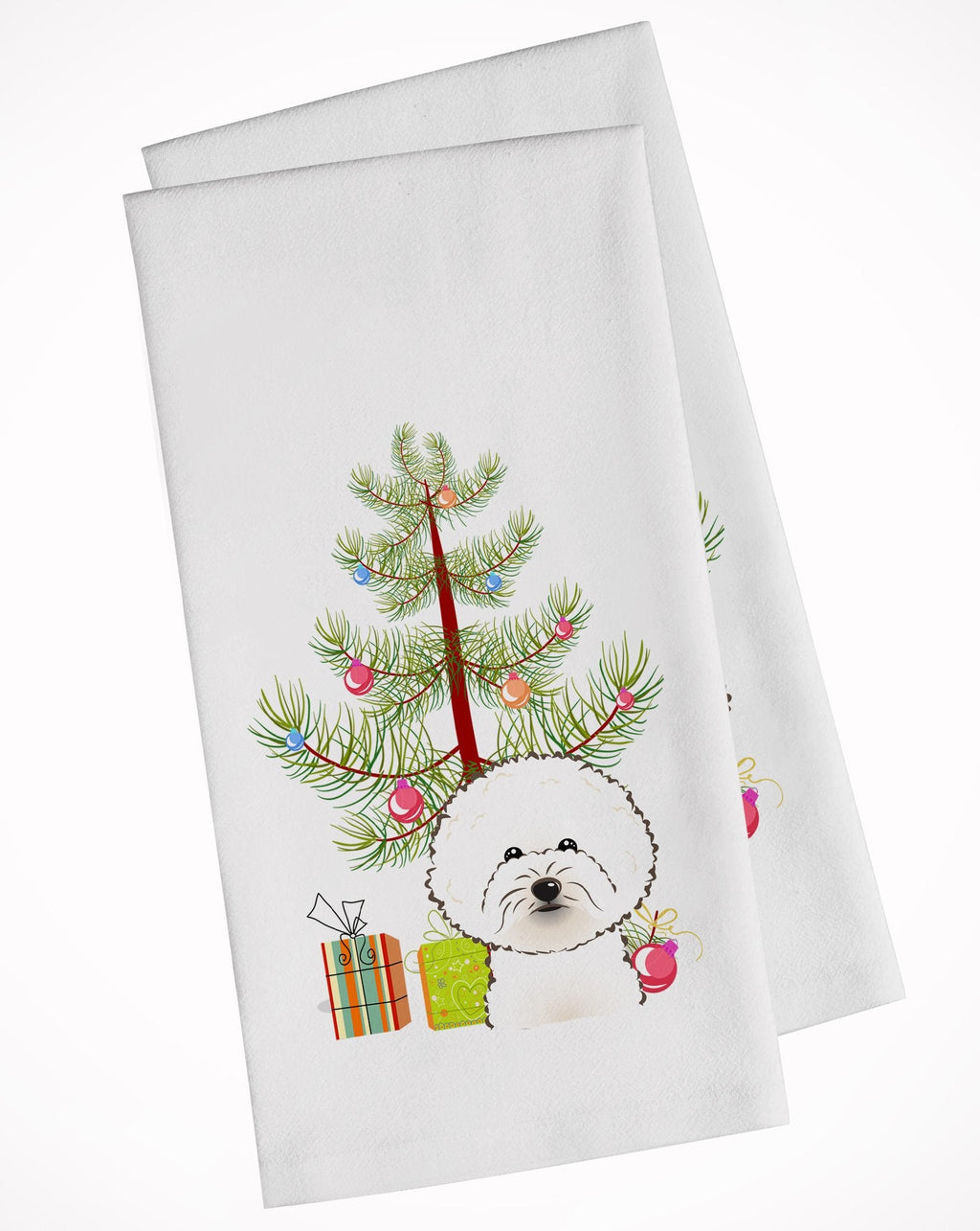 Christmas Tree and Bichon Frise Kitchen Towel Set of 2 White Dish Towels Decorative Bathroom Hand towel for Hand, Face, Hair, Yoga, Tea, Dishcloth, 19 X 28", White