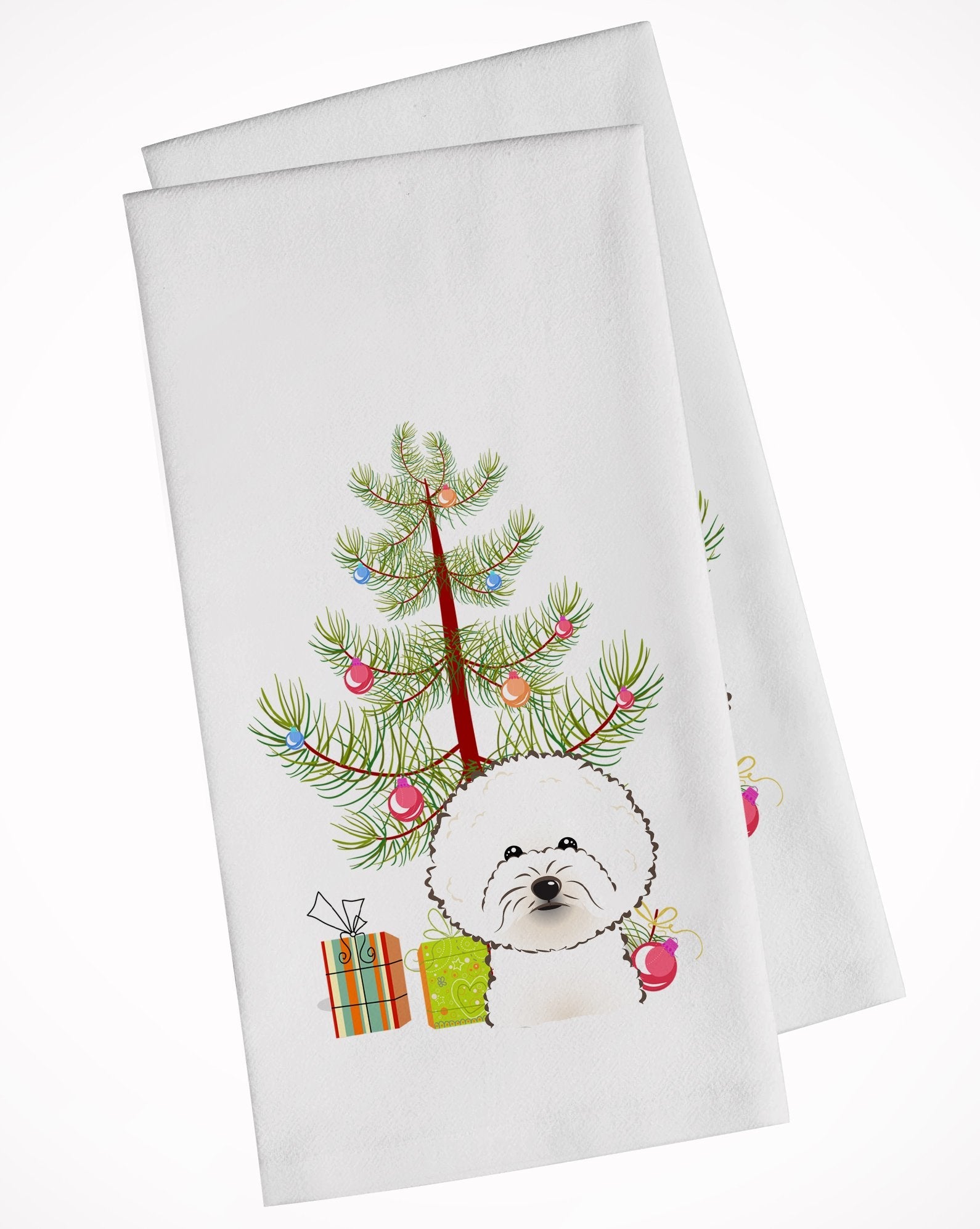 Christmas Tree and Bichon Frise Kitchen Towel Set of 2 White Dish Towels Decorative Bathroom Hand towel for Hand, Face, Hair, Yoga, Tea, Dishcloth, 19 X 28", White