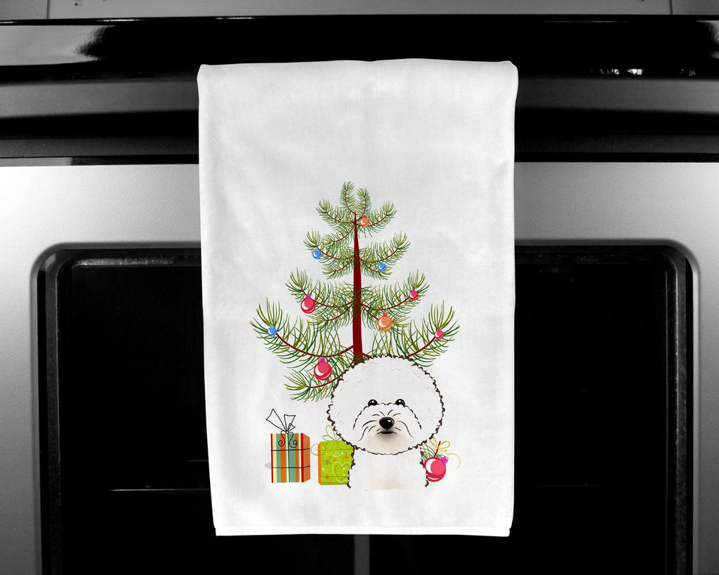 Christmas Tree and Bichon Frise Kitchen Towel Set of 2 White Dish Towels Decorative Bathroom Hand towel for Hand, Face, Hair, Yoga, Tea, Dishcloth, 19 X 28", White