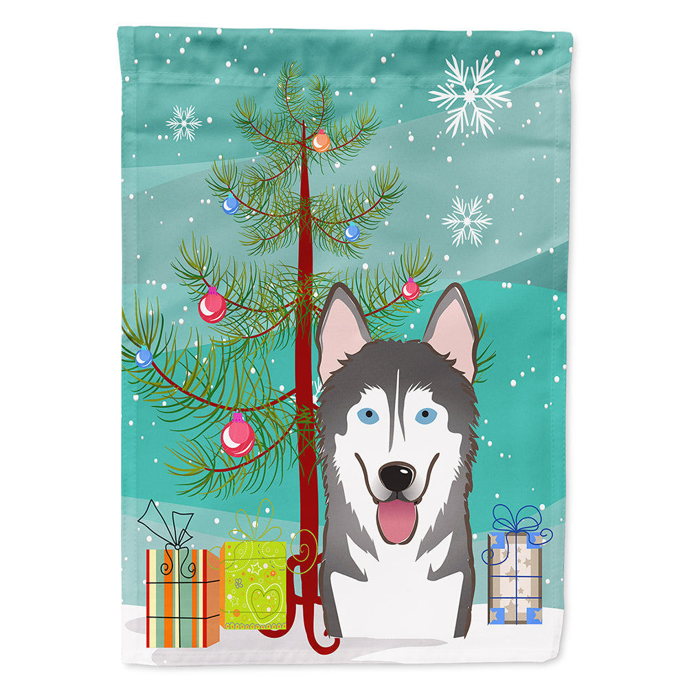 Christmas Tree and Alaskan Malamute House Flag 28x40 Porch Sleeve Pole Decorative Outside Yard Banner Artwork Wall Hanging, Polyester