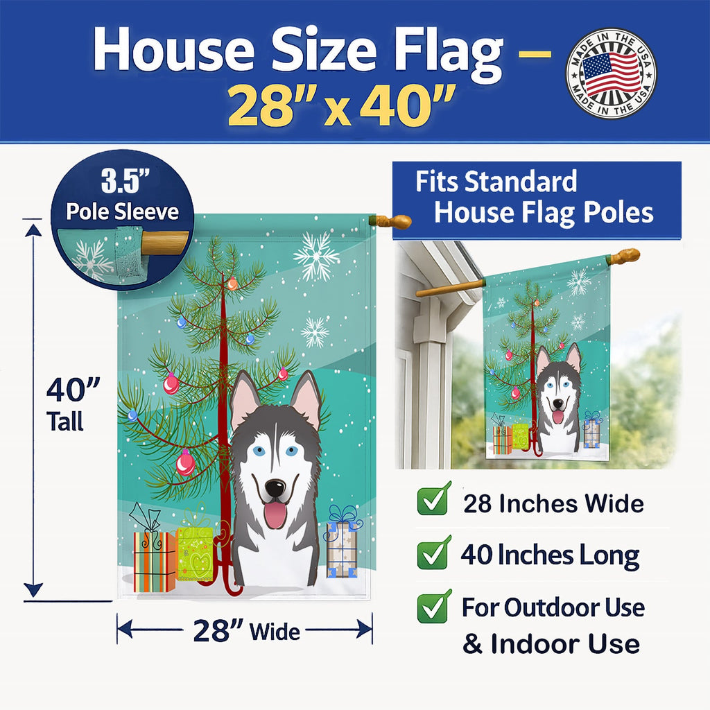 Christmas Tree and Alaskan Malamute House Flag 28x40 Porch Sleeve Pole Decorative Outside Yard Banner Artwork Wall Hanging, Polyester