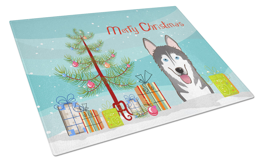 Christmas Tree and Alaskan Malamute Cutting Board Tempered Glass Kitchen Cutting Surface, Heat Resistant Chopping, Non-Slip Feet, Food Prep & Serving