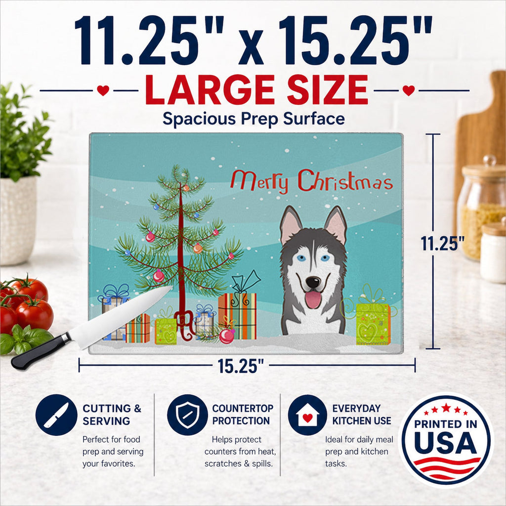 Christmas Tree and Alaskan Malamute Cutting Board Tempered Glass Kitchen Cutting Surface, Heat Resistant Chopping, Non-Slip Feet, Food Prep & Serving