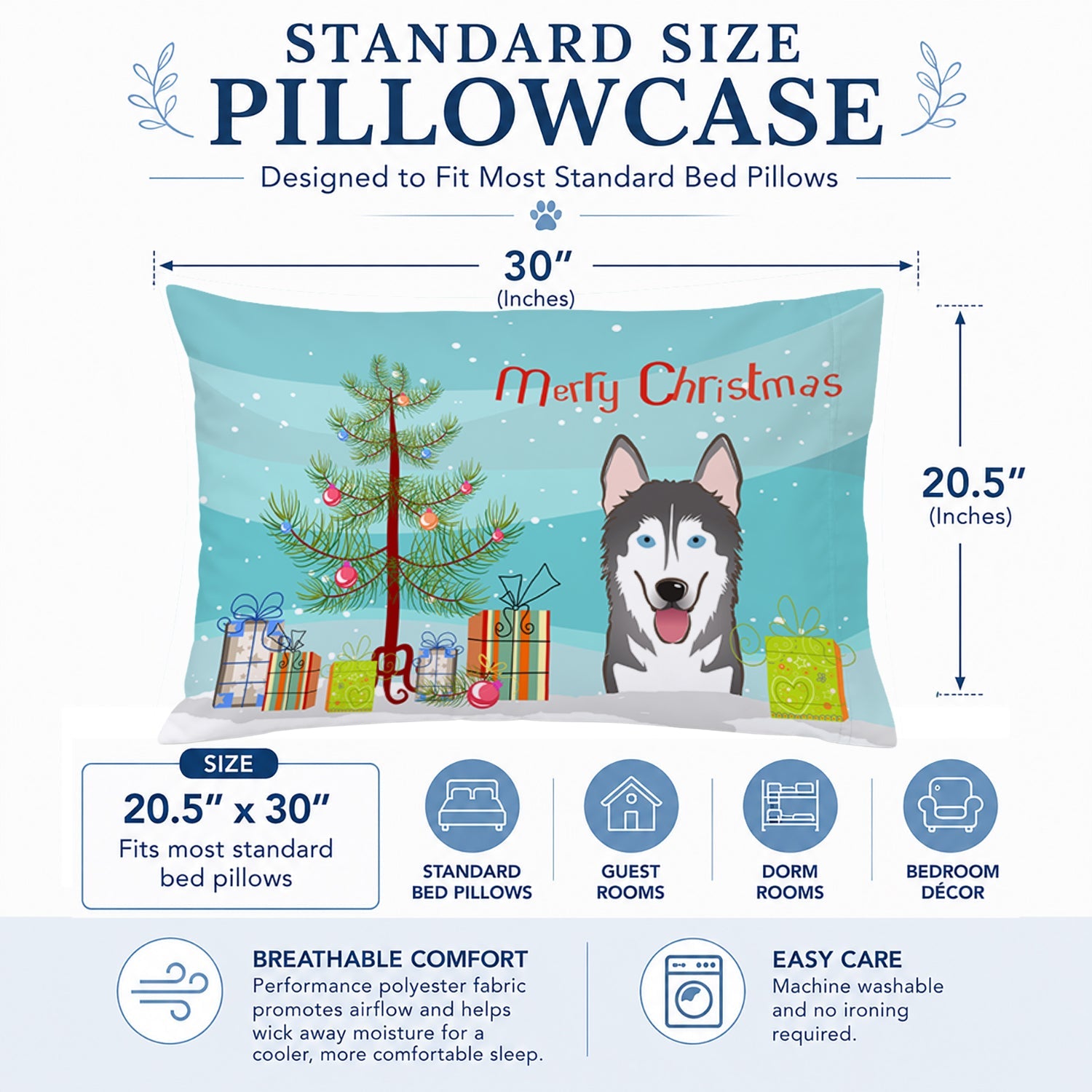 Christmas Tree and Alaskan Malamute Standard Pillowcase Lightweight Super Soft Easy Care Decorative Artwork Pillowcase, Standard
