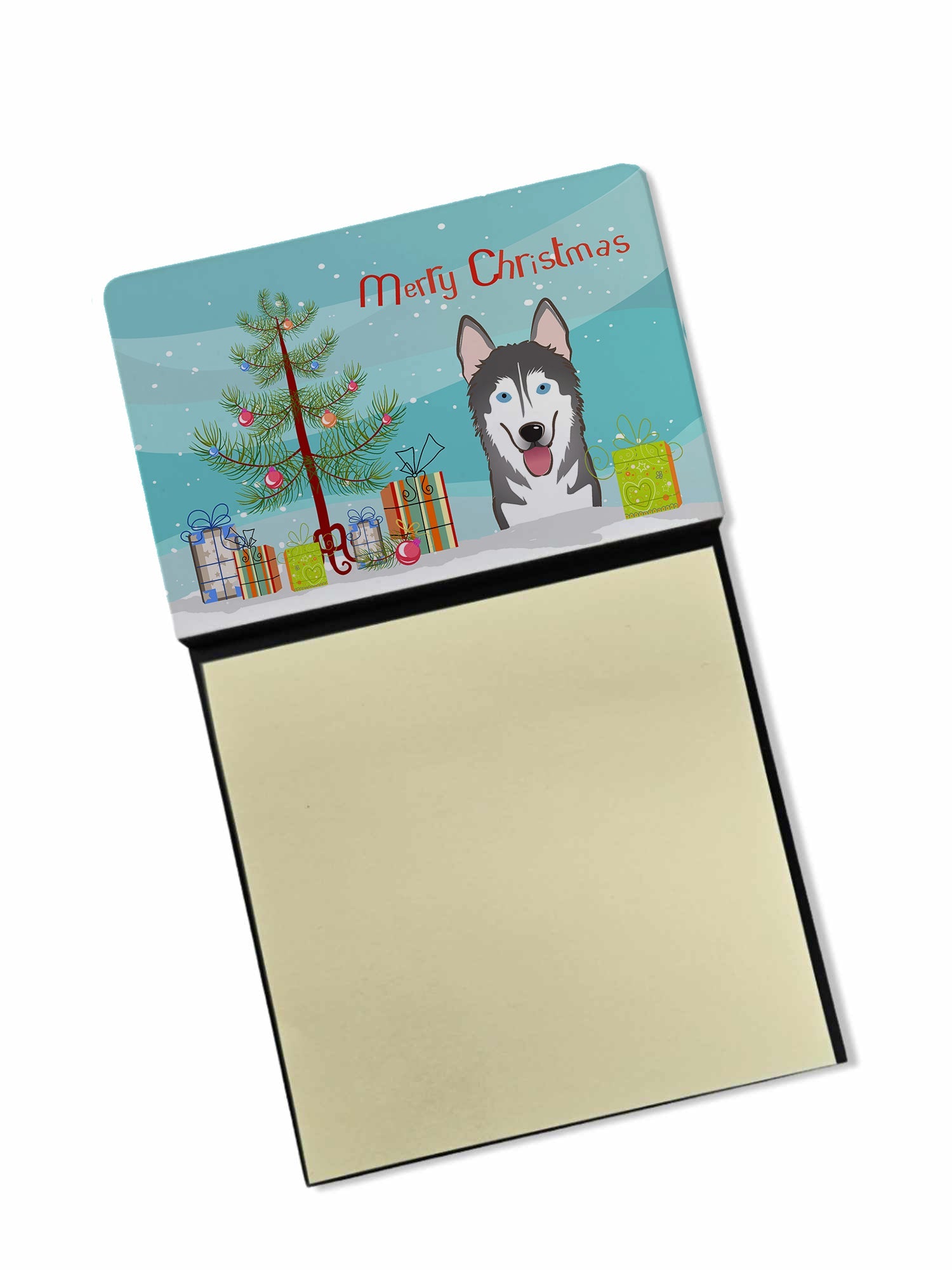 Christmas Tree and Alaskan Malamute Watercolor Sticky Note Holder Refillable Dispenser Desk Accessory 3x3 Pad Gift