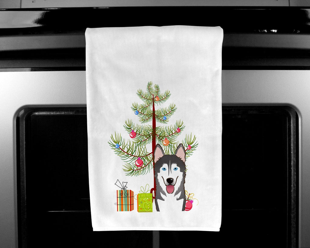 Christmas Tree and Alaskan Malamute Kitchen Towel Set of 2 White Dish Towels Decorative Bathroom Hand towel for Hand, Face, Hair, Yoga, Tea, Dishcloth, 19 X 28", White