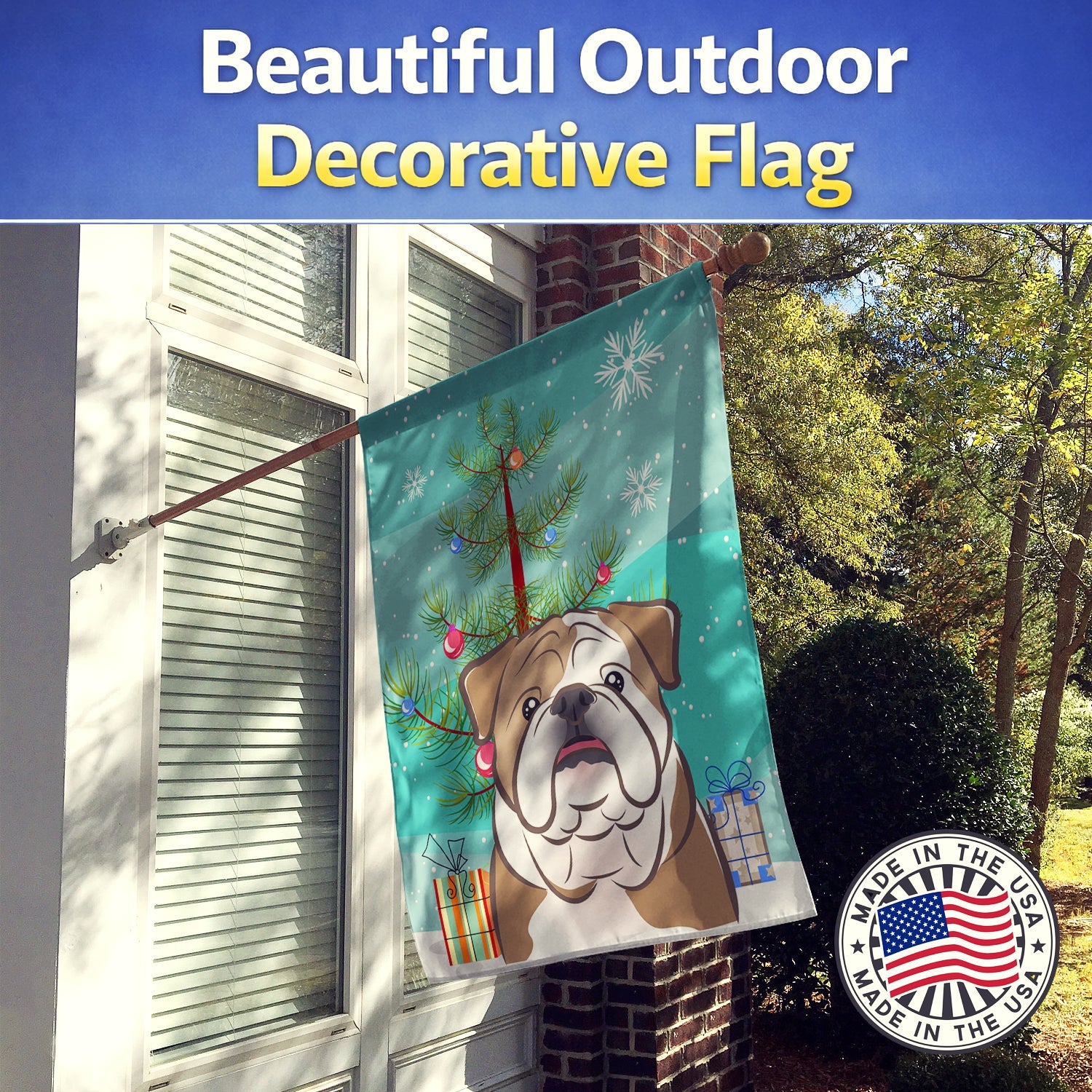 Christmas Tree and English Bulldog  House Flag 28x40 Porch Sleeve Pole Decorative Outside Yard Banner Artwork Wall Hanging, Polyester
