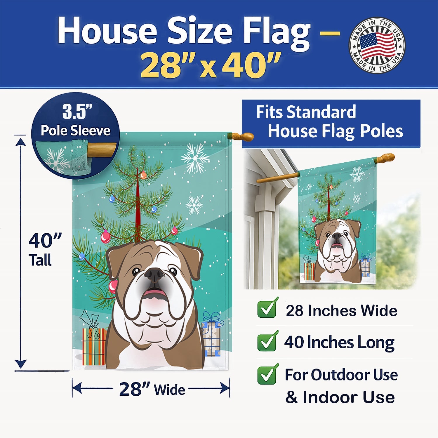 Christmas Tree and English Bulldog  House Flag 28x40 Porch Sleeve Pole Decorative Outside Yard Banner Artwork Wall Hanging, Polyester