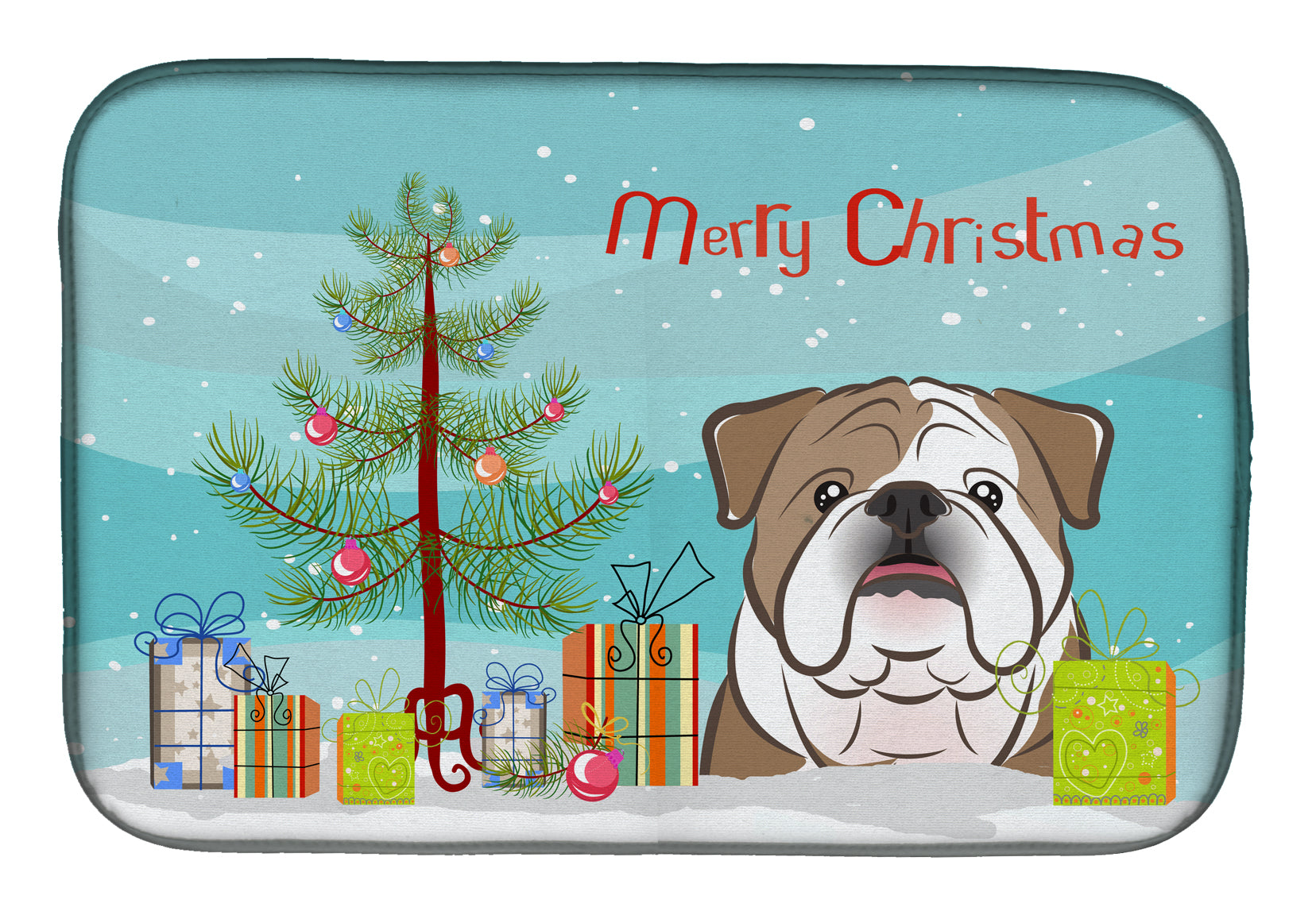 Christmas Tree and English Bulldog  Dish Drying Mat Absorbent Dish Drying Mat Pad for Kitchen Counter Dish Drainer Mat for Countertop, 14 x 21", Multicolor