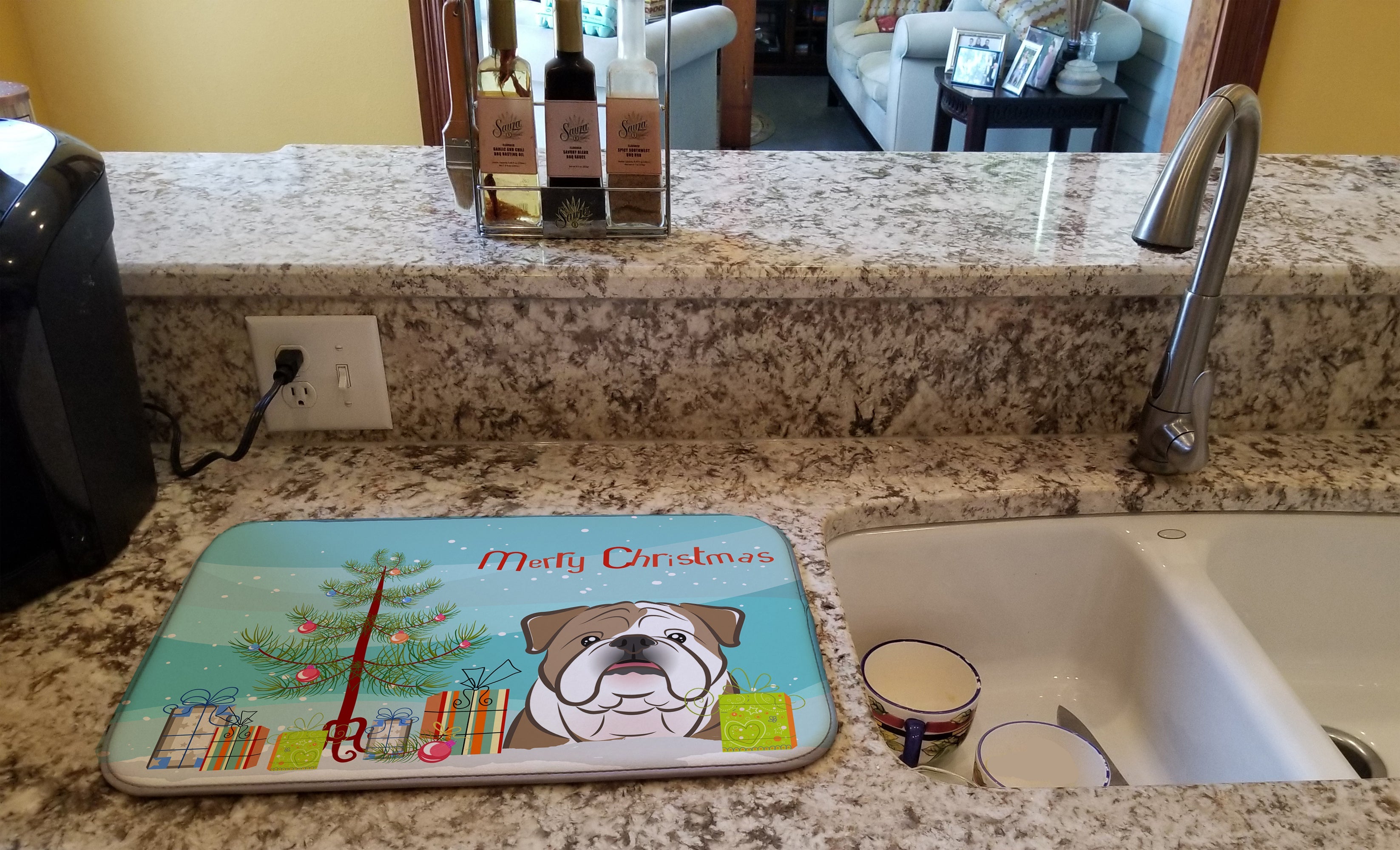 Christmas Tree and English Bulldog  Dish Drying Mat Absorbent Dish Drying Mat Pad for Kitchen Counter Dish Drainer Mat for Countertop, 14 x 21", Multicolor