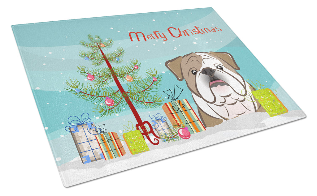Christmas Tree and English Bulldog  Cutting Board Tempered Glass Kitchen Cutting Surface, Heat Resistant Chopping, Non-Slip Feet, Food Prep & Serving