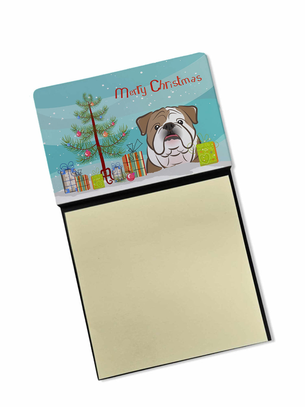 Christmas Tree and English Bulldog  Watercolor Sticky Note Holder Refillable Dispenser Desk Accessory 3x3 Pad Gift