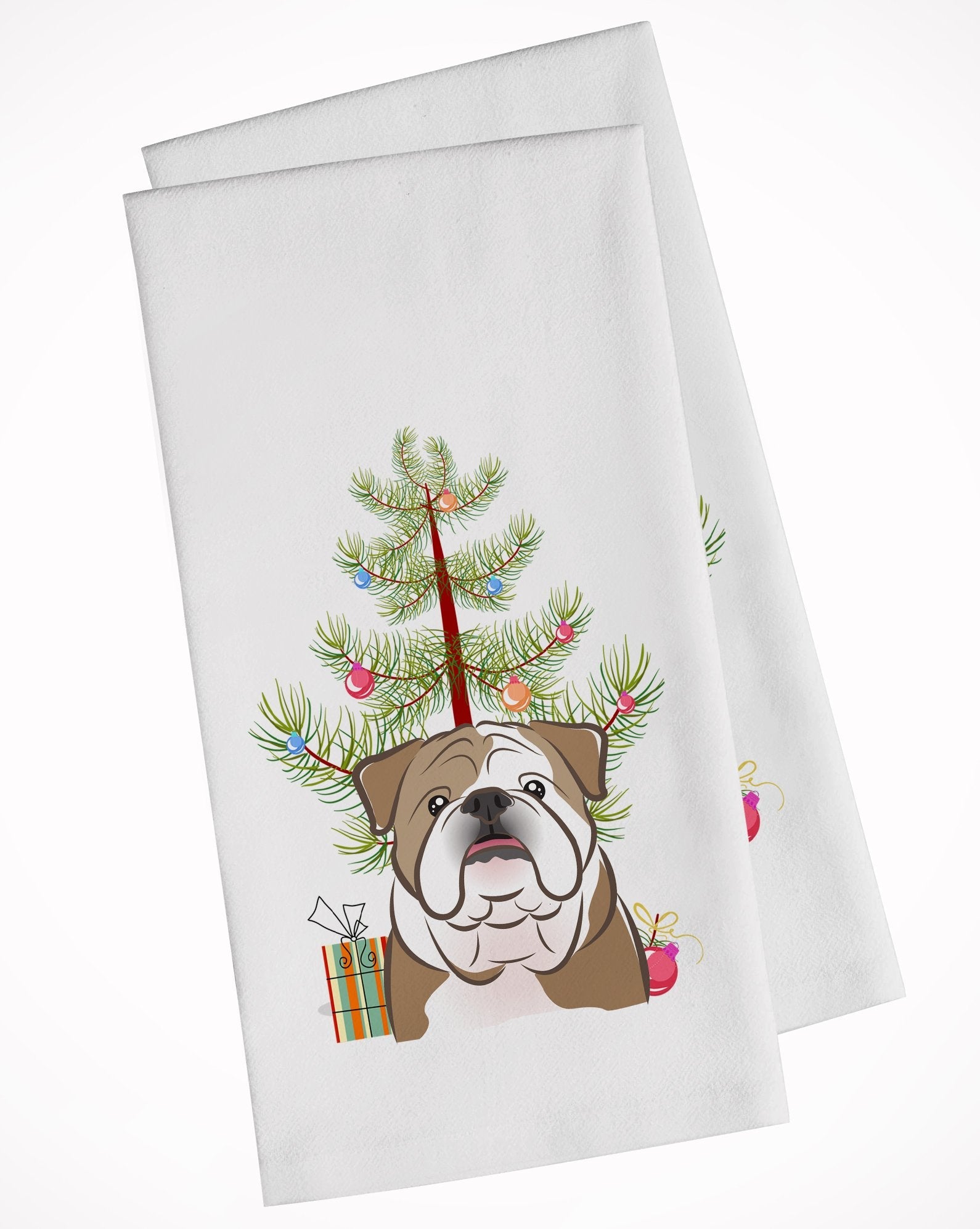 Christmas Tree and English Bulldog  Kitchen Towel Set of 2 White Dish Towels Decorative Bathroom Hand towel for Hand, Face, Hair, Yoga, Tea, Dishcloth, 19 X 28", White