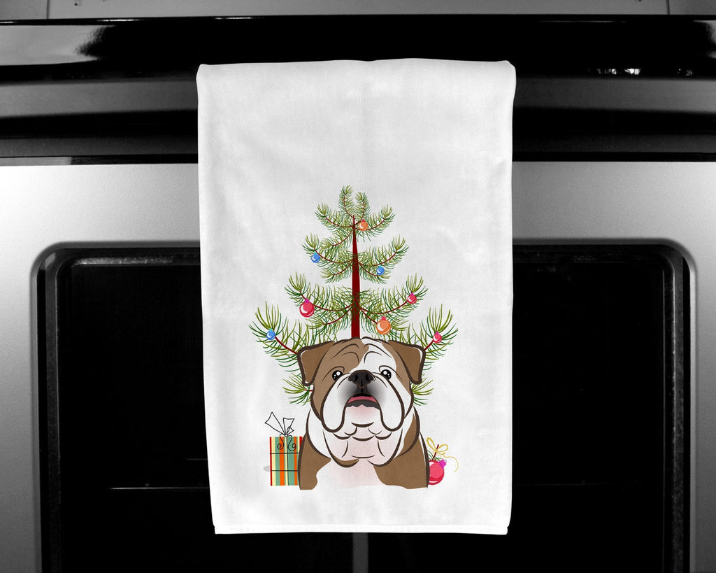 Christmas Tree and English Bulldog  Kitchen Towel Set of 2 White Dish Towels Decorative Bathroom Hand towel for Hand, Face, Hair, Yoga, Tea, Dishcloth, 19 X 28", White