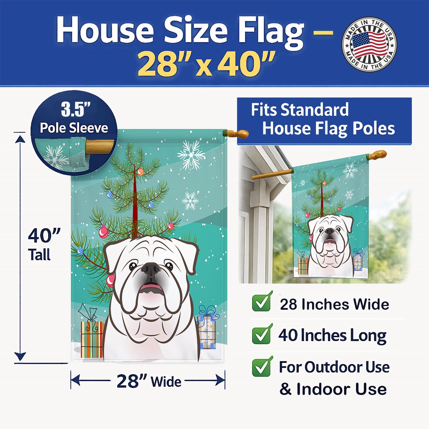 Christmas Tree and White English Bulldog  House Flag 28x40 Porch Sleeve Pole Decorative Outside Yard Banner Artwork Wall Hanging, Polyester