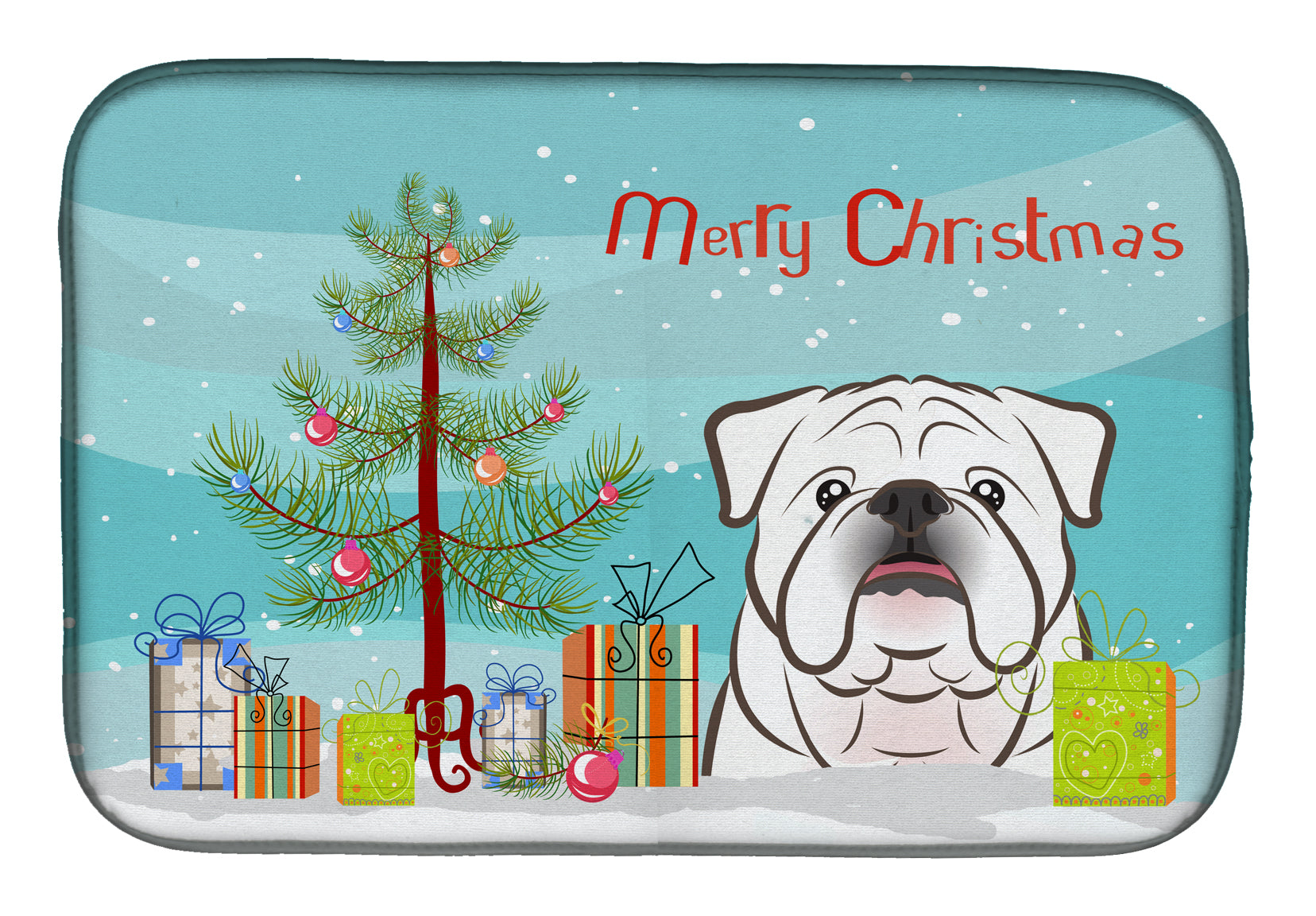 Christmas Tree and White English Bulldog  Dish Drying Mat Absorbent Dish Drying Mat Pad for Kitchen Counter Dish Drainer Mat for Countertop, 14 x 21", Multicolor