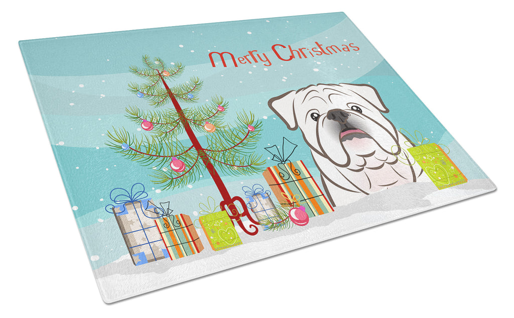 Christmas Tree and White English Bulldog  Cutting Board Tempered Glass Kitchen Cutting Surface, Heat Resistant Chopping, Non-Slip Feet, Food Prep & Serving