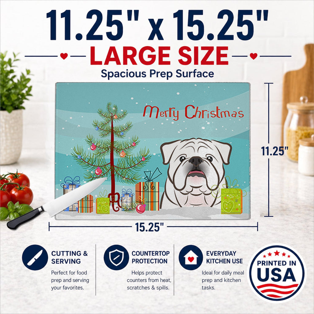 Christmas Tree and White English Bulldog  Cutting Board Tempered Glass Kitchen Cutting Surface, Heat Resistant Chopping, Non-Slip Feet, Food Prep & Serving