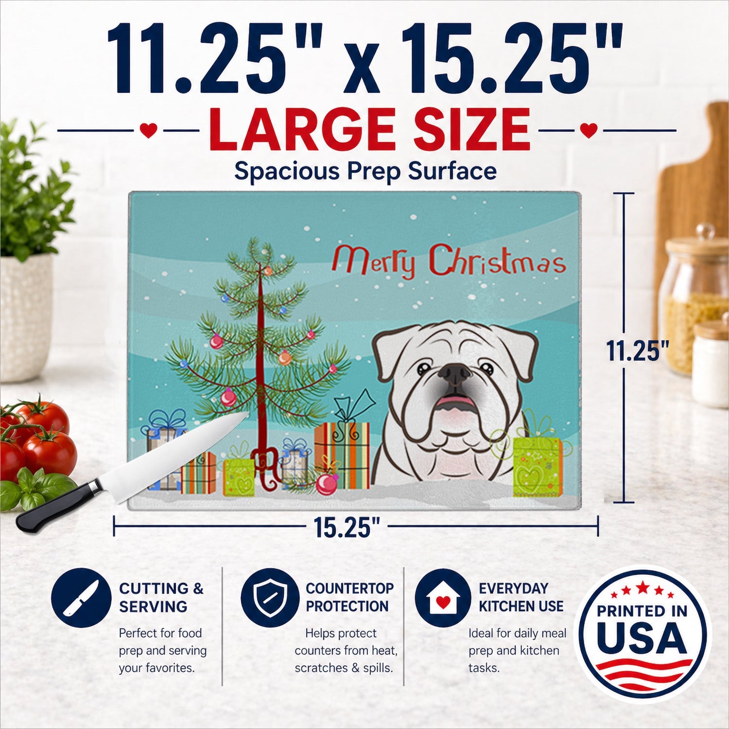 Christmas Tree and White English Bulldog  Cutting Board Tempered Glass Kitchen Cutting Surface, Heat Resistant Chopping, Non-Slip Feet, Food Prep & Serving