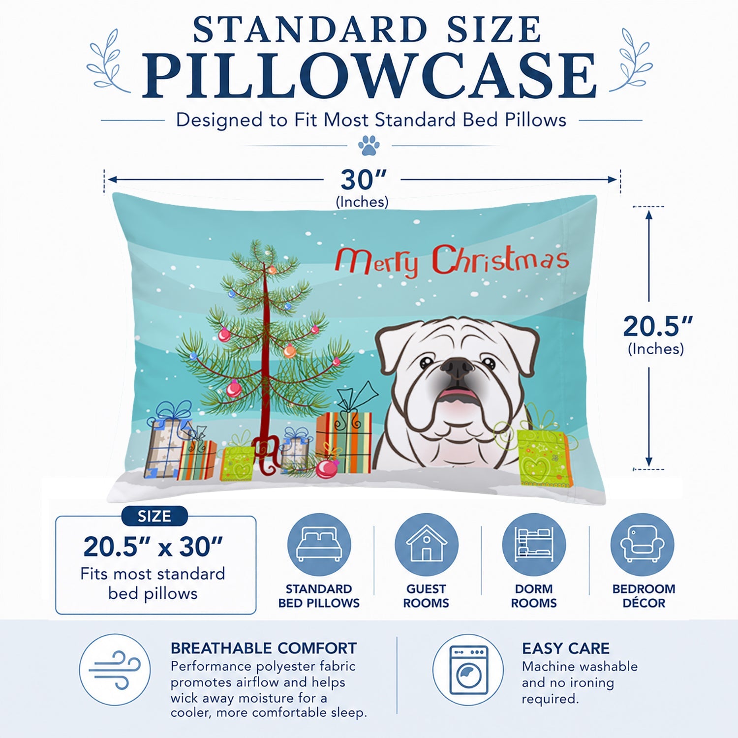 Christmas Tree and White English Bulldog  Standard Pillowcase Lightweight Super Soft Easy Care Decorative Artwork Pillowcase, Standard