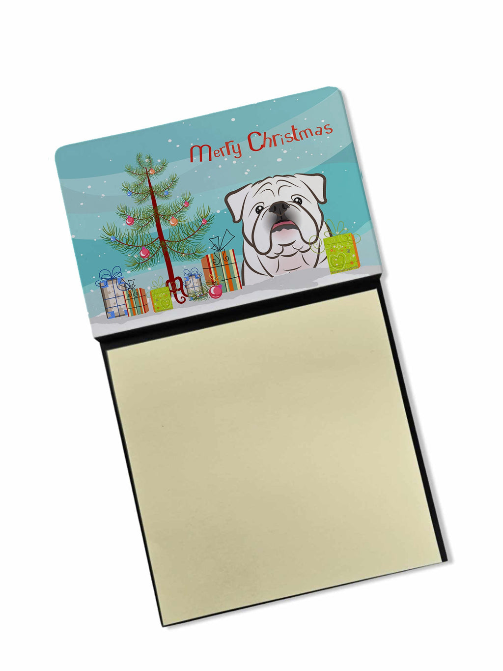 Christmas Tree and White English Bulldog  Watercolor Sticky Note Holder Refillable Dispenser Desk Accessory 3x3 Pad Gift