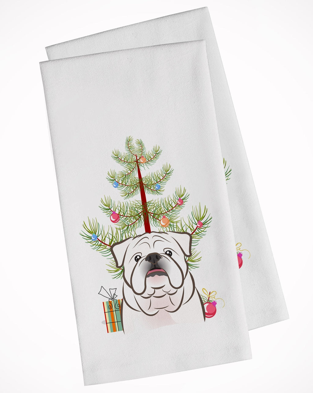 Christmas Tree and White English Bulldog  Kitchen Towel Set of 2 White Dish Towels Decorative Bathroom Hand towel for Hand, Face, Hair, Yoga, Tea, Dishcloth, 19 X 28", White