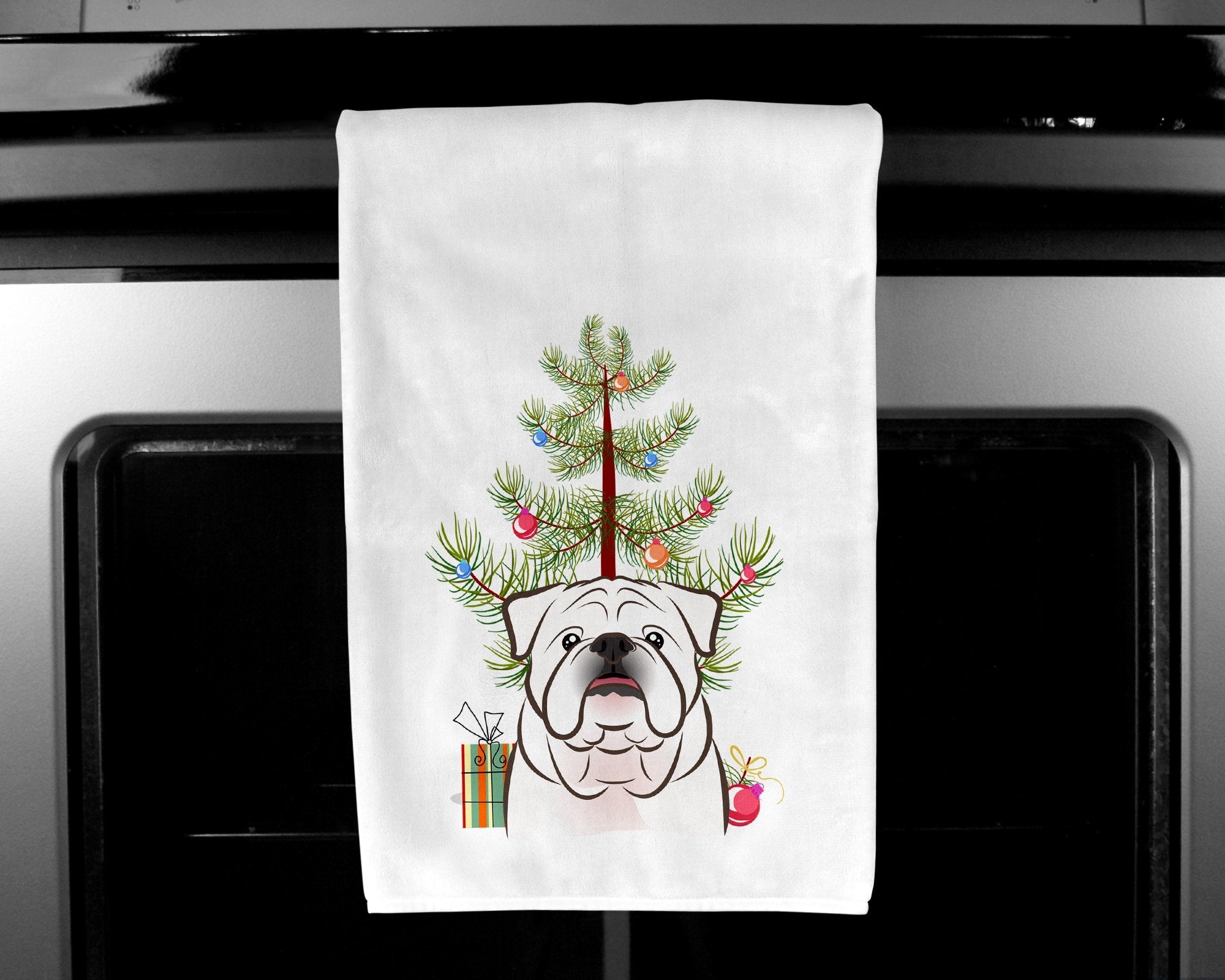 Christmas Tree and White English Bulldog  Kitchen Towel Set of 2 White Dish Towels Decorative Bathroom Hand towel for Hand, Face, Hair, Yoga, Tea, Dishcloth, 19 X 28", White