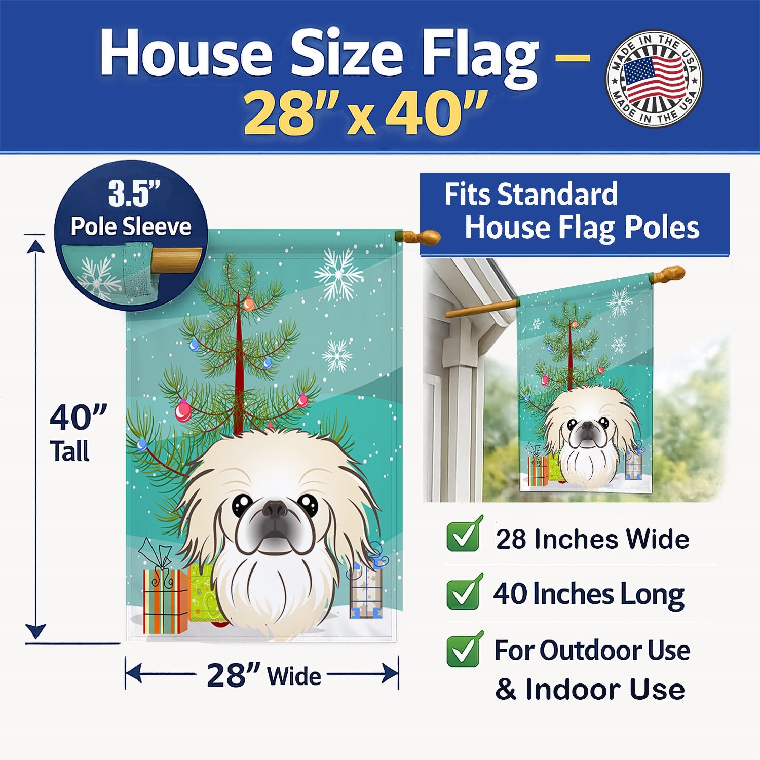 Christmas Tree and Pekingese House Flag 28x40 Porch Sleeve Pole Decorative Outside Yard Banner Artwork Wall Hanging, Polyester