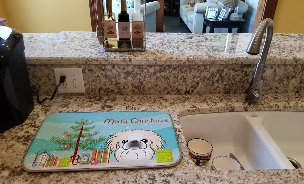Christmas Tree and Pekingese Dish Drying Mat Absorbent Dish Drying Mat Pad for Kitchen Counter Dish Drainer Mat for Countertop, 14 x 21", Multicolor