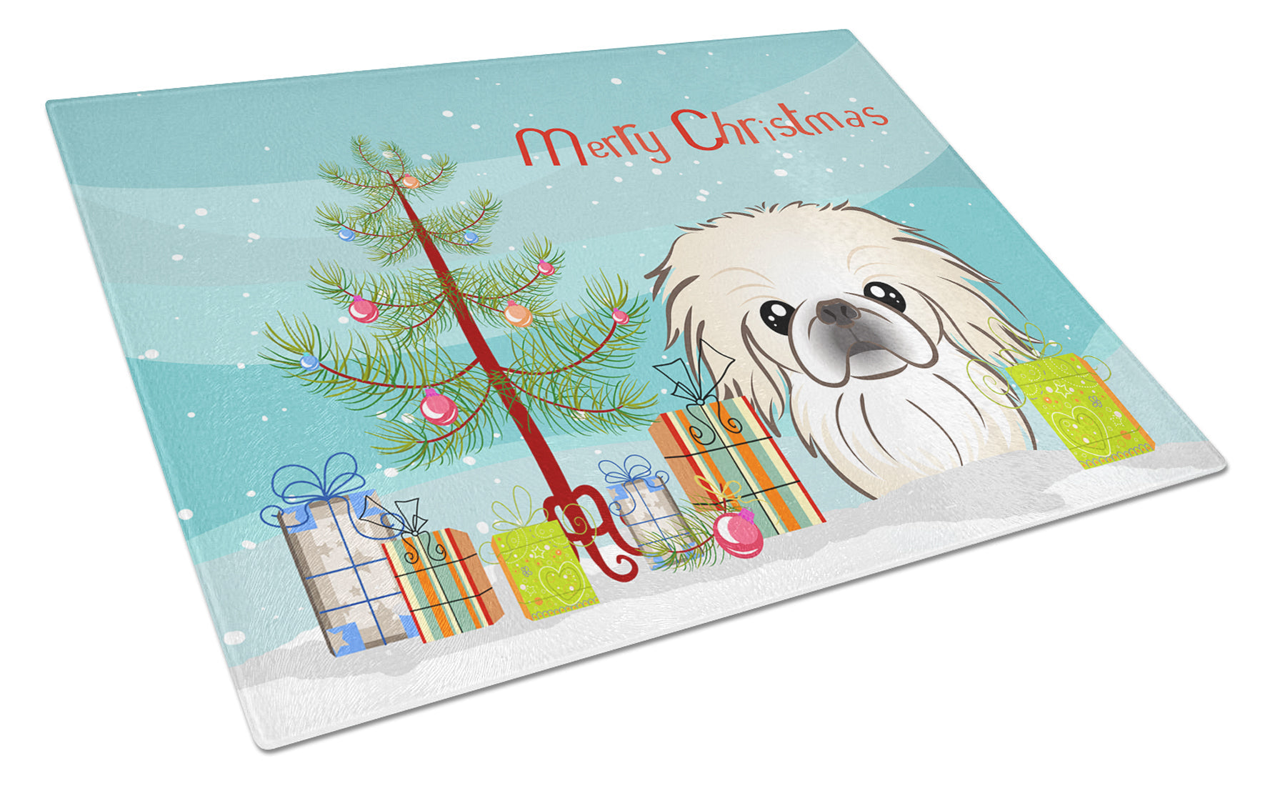Christmas Tree and Pekingese Cutting Board Tempered Glass Kitchen Cutting Surface, Heat Resistant Chopping, Non-Slip Feet, Food Prep & Serving
