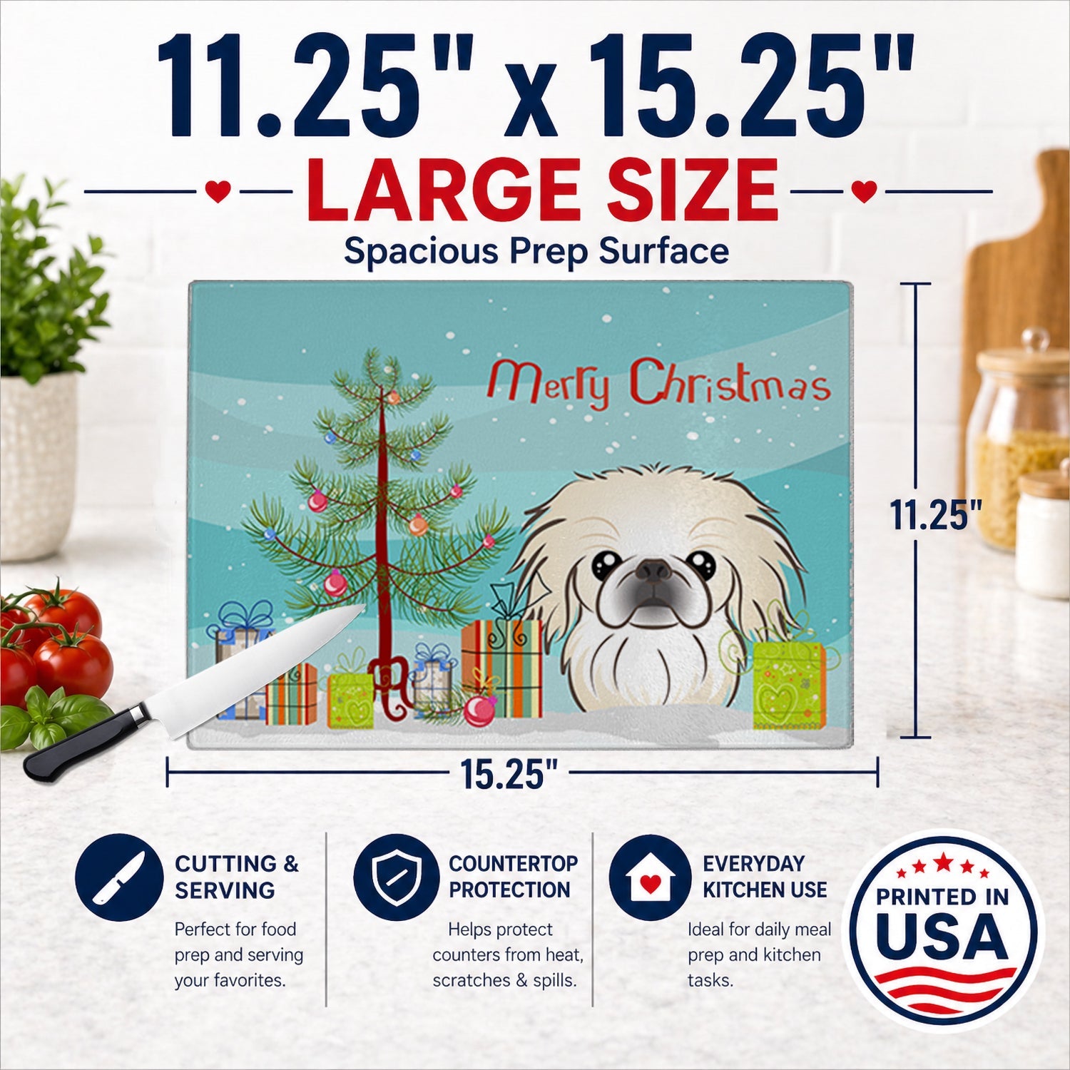 Christmas Tree and Pekingese Cutting Board Tempered Glass Kitchen Cutting Surface, Heat Resistant Chopping, Non-Slip Feet, Food Prep & Serving