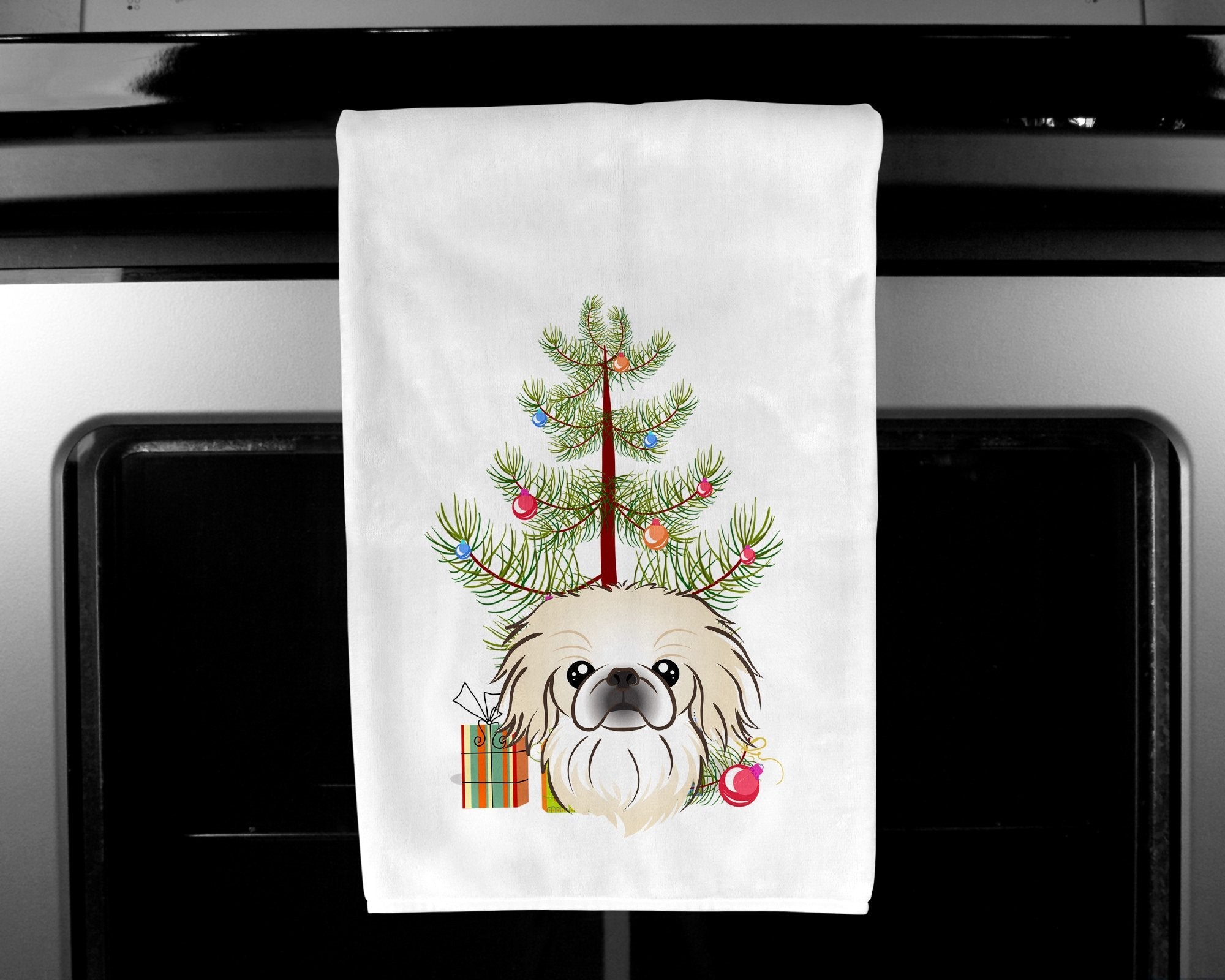 Christmas Tree and Pekingese Kitchen Towel Set of 2 White Dish Towels Decorative Bathroom Hand towel for Hand, Face, Hair, Yoga, Tea, Dishcloth, 19 X 28", White