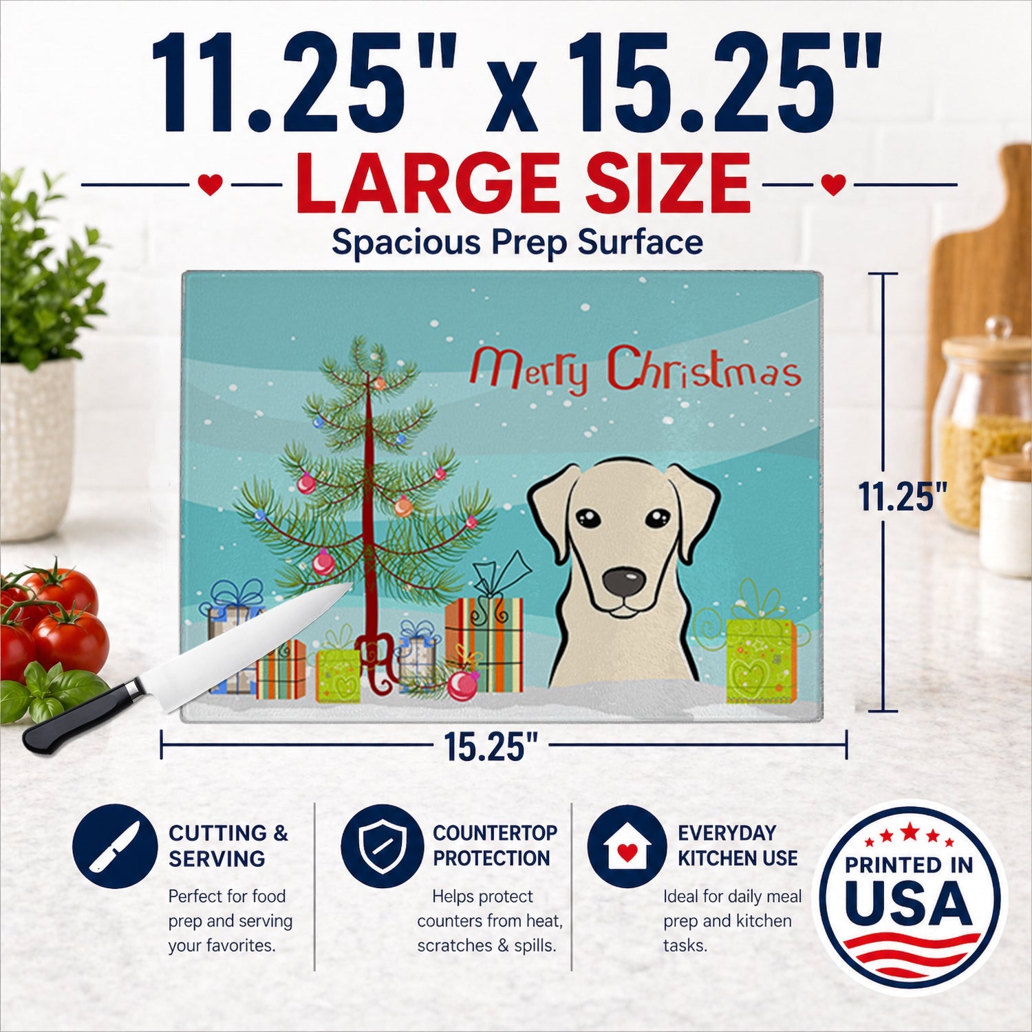 Christmas Tree and Yellow Labrador Cutting Board Tempered Glass Kitchen Cutting Surface, Heat Resistant Chopping, Non-Slip Feet, Food Prep & Serving