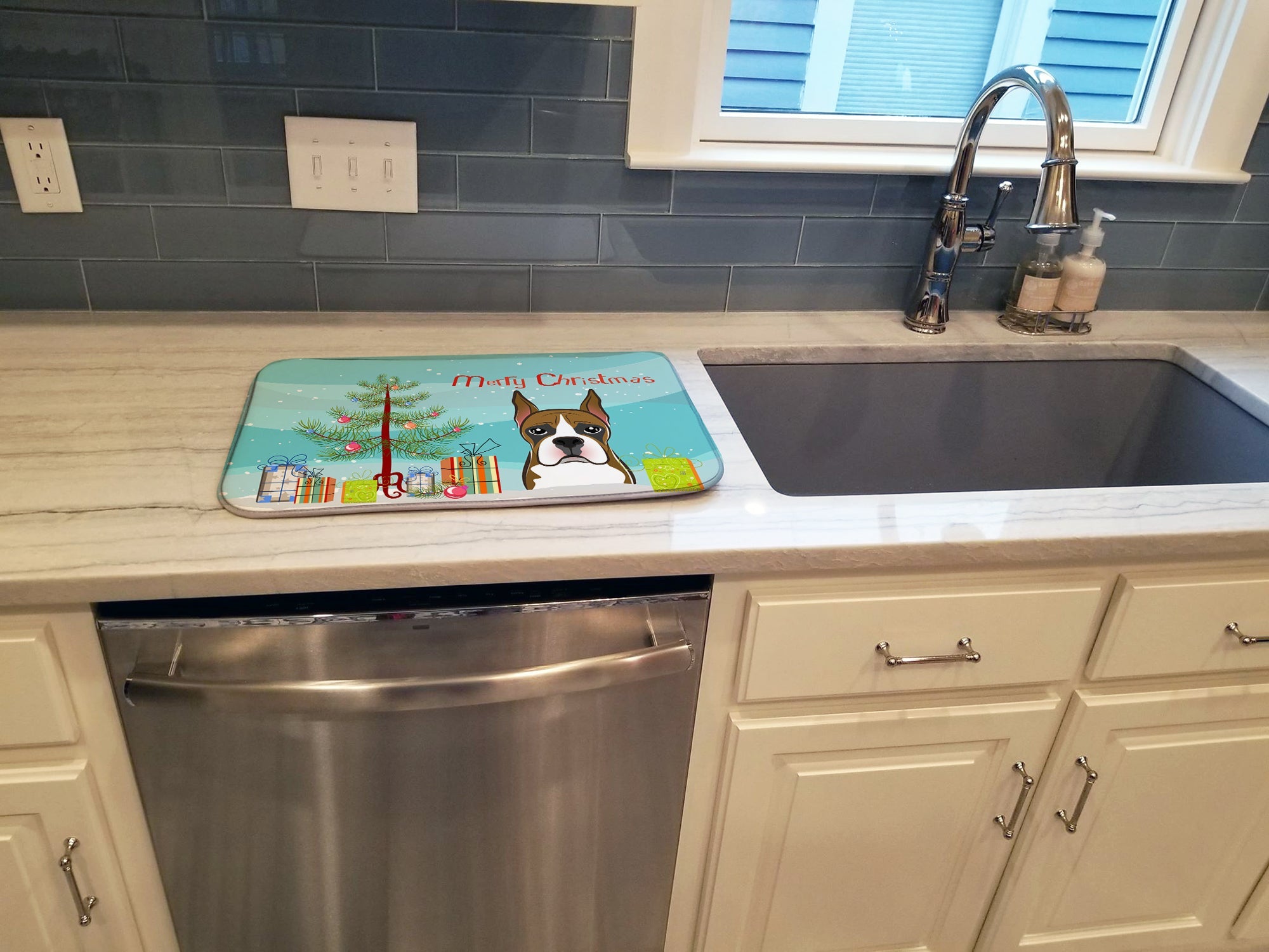 Christmas Tree and Boxer Dish Drying Mat Absorbent Dish Drying Mat Pad for Kitchen Counter Dish Drainer Mat for Countertop, 14 x 21", Multicolor
