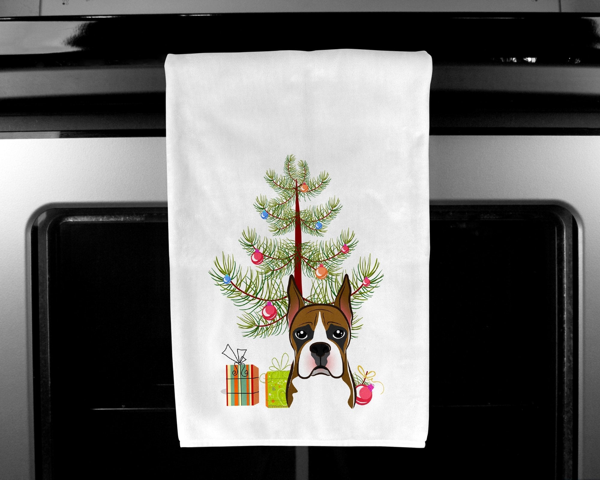 Christmas Tree and Boxer Kitchen Towel Set of 2 White Dish Towels Decorative Bathroom Hand towel for Hand, Face, Hair, Yoga, Tea, Dishcloth, 19 X 28", White