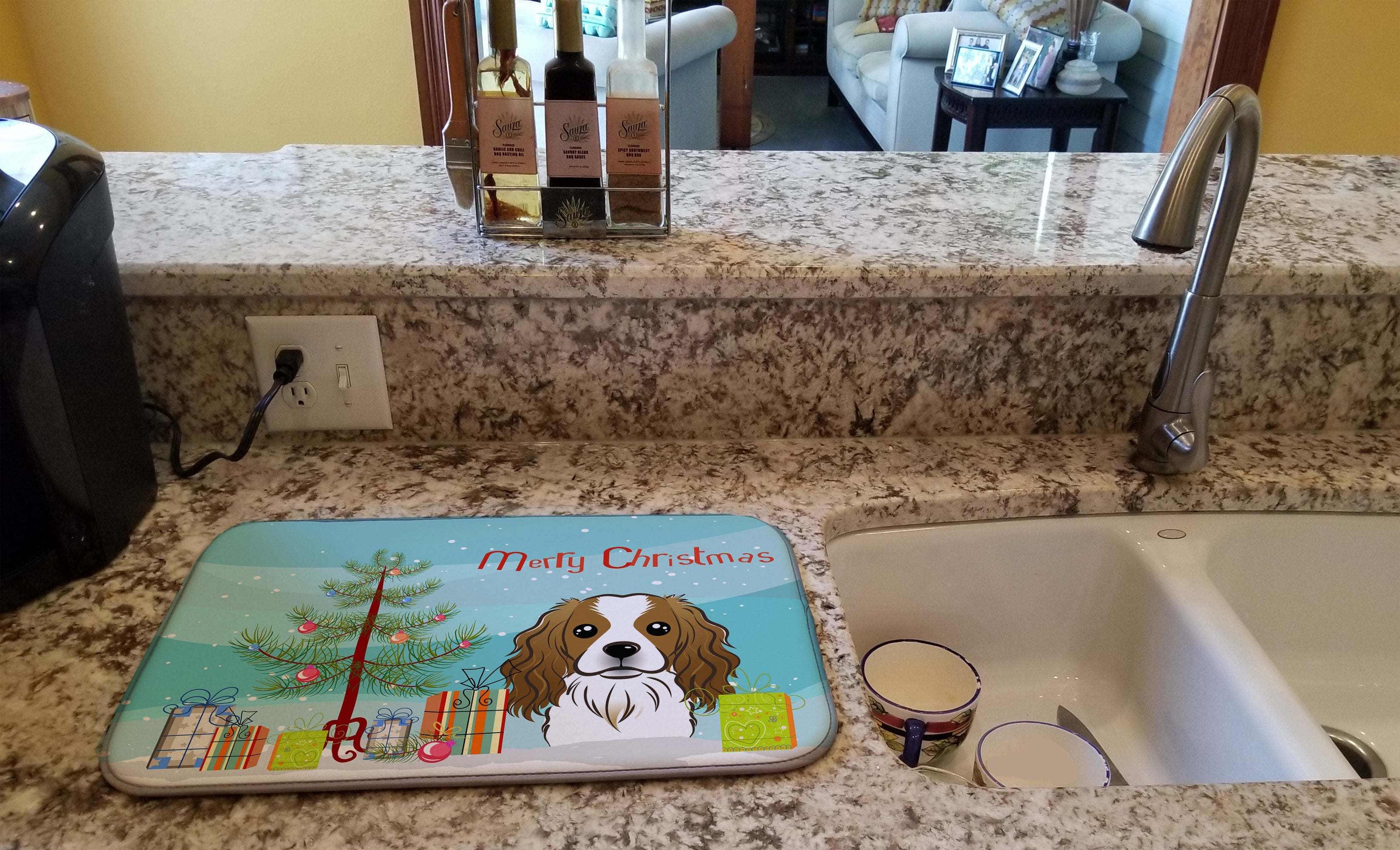 Christmas Tree and Cavalier Spaniel Dish Drying Mat Absorbent Dish Drying Mat Pad for Kitchen Counter Dish Drainer Mat for Countertop, 14 x 21", Multicolor