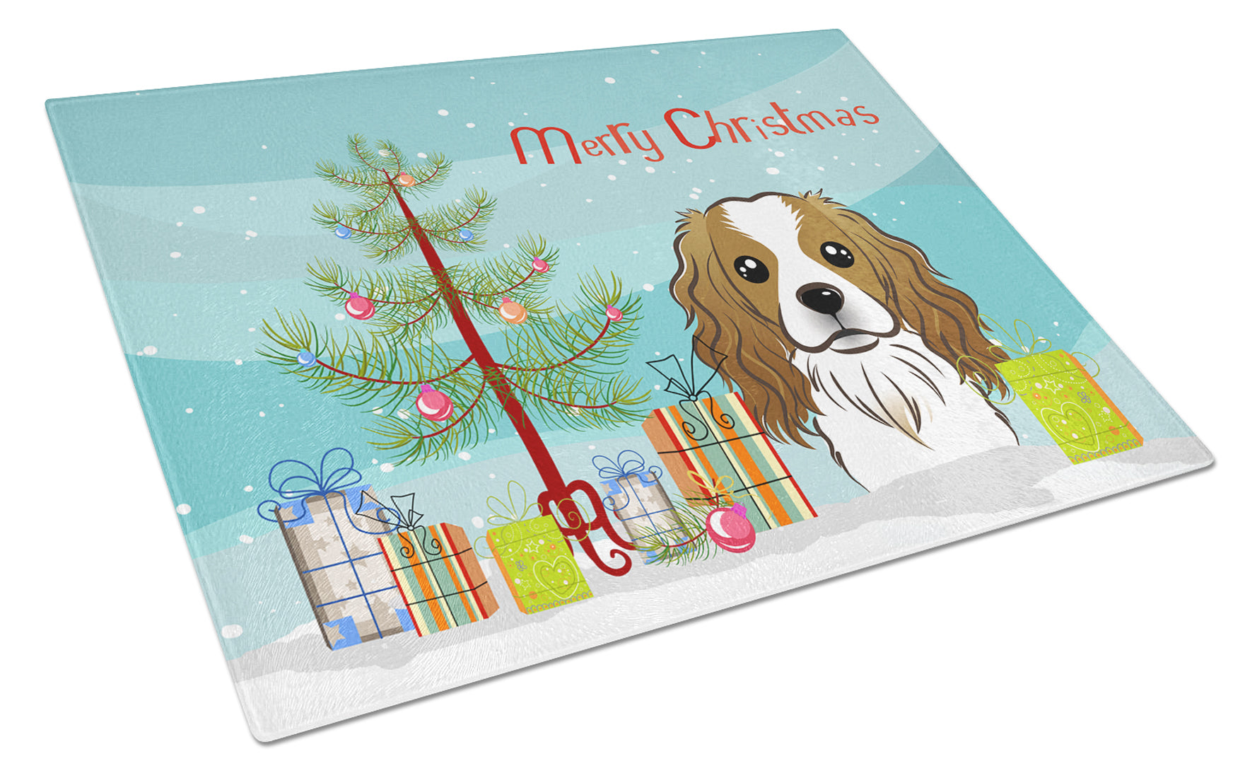 Christmas Tree and Cavalier Spaniel Cutting Board Tempered Glass Kitchen Cutting Surface, Heat Resistant Chopping, Non-Slip Feet, Food Prep & Serving