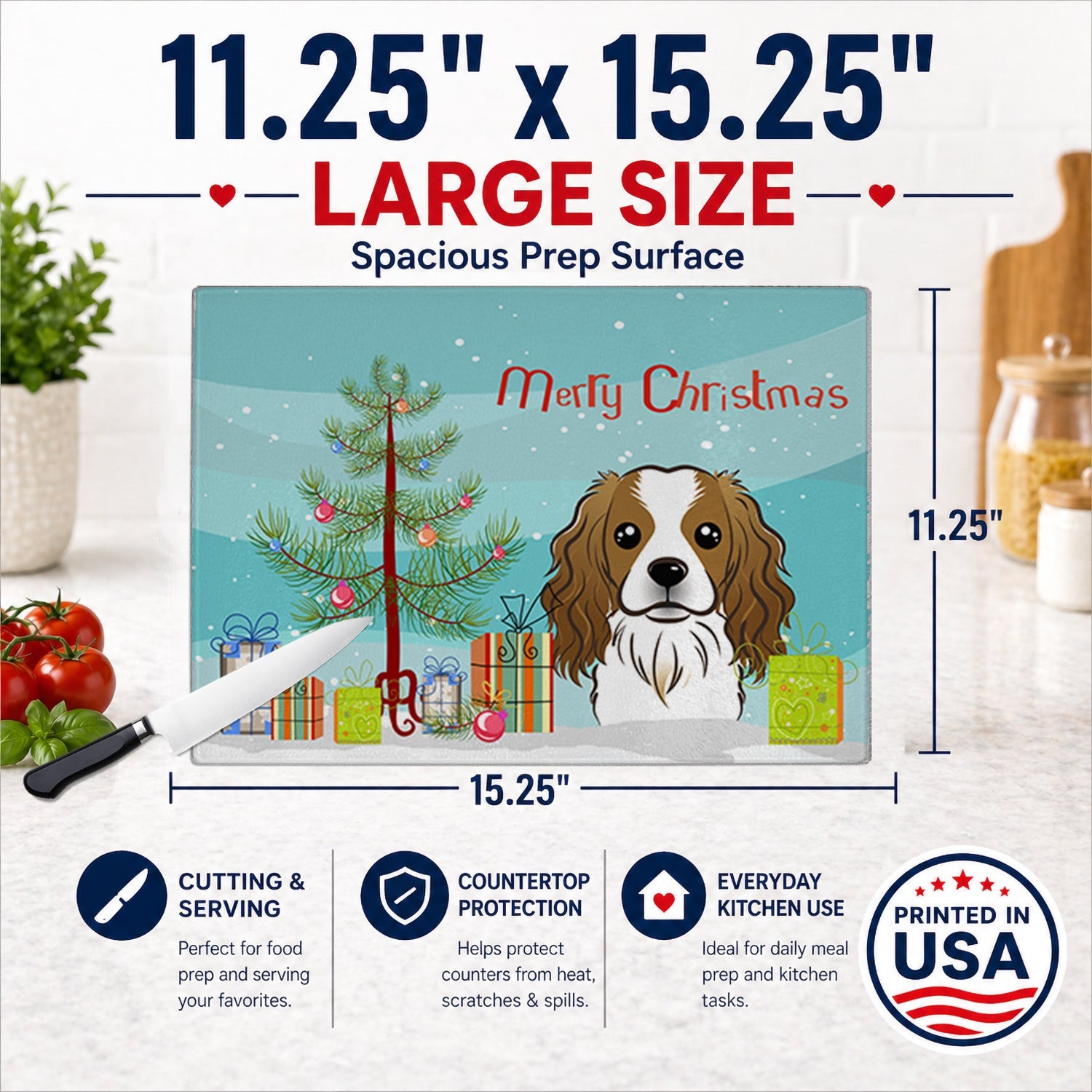 Christmas Tree and Cavalier Spaniel Cutting Board Tempered Glass Kitchen Cutting Surface, Heat Resistant Chopping, Non-Slip Feet, Food Prep & Serving